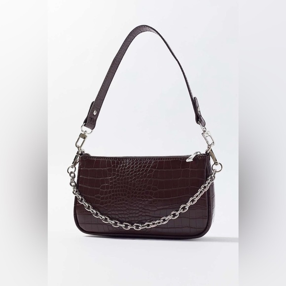 Urban Outfitters Rosie Chain Brown Faux Leather Croc Baguette Bag - Picture 1 of 8
